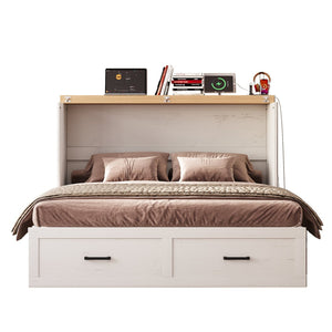English Elm Queen Murphy Cabinet Bed Rustic Grey Farmhouse Style with Charging Station Storage W5271S00002