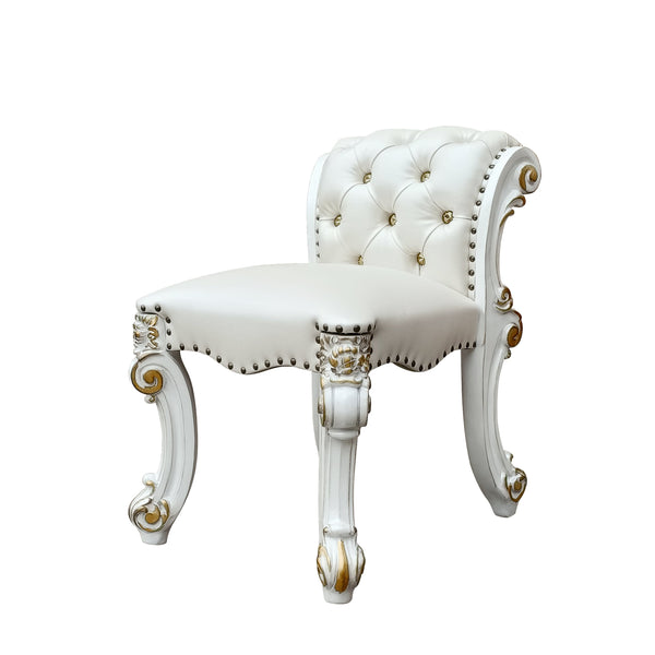 English Elm Vendome Elegant Beige Faux Leather Vanity Stool with Button Tufting, Nailhead Trim & Scrolled Legs B2726P377361