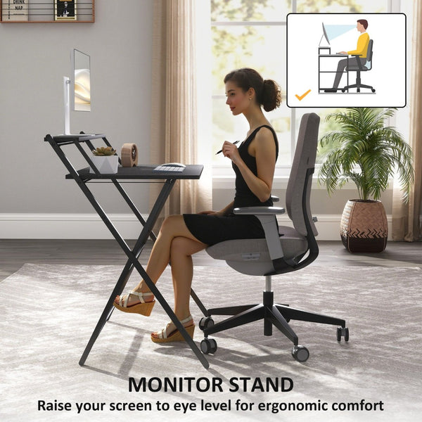 English Elm 32" Foldable Computer Desk with Built-in Monitor Shelf and Steel Frame for Small Spaces T3971P408445