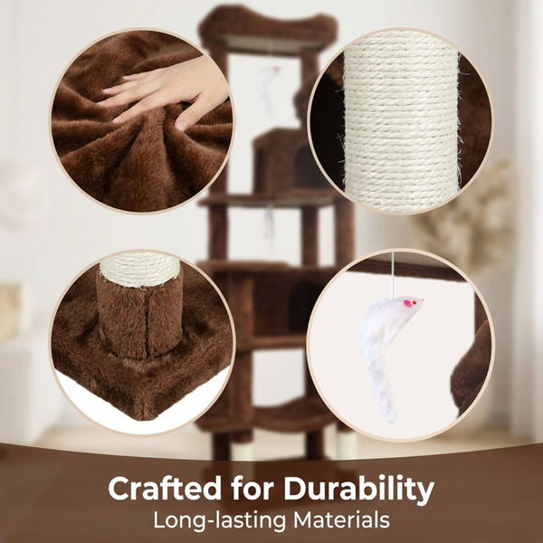 English Elm 68in Plush Brown Six Level Cat Tower with Sisal Posts Cave Hammock Indoor W243P450856