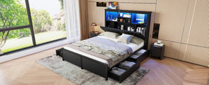 English Elm Queen Storage Bed Frame with Led Lighting Charging Station and Four Under Drawers W1670S00031