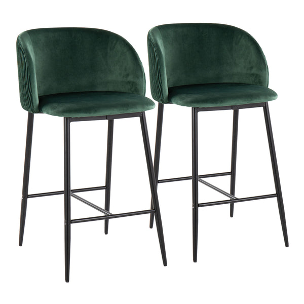English Elm Fran Pleated Waves Counter Stool Set Of 2 - Luxurious Green Velvet & Modern Black Metal Design B202S00279
