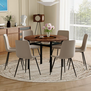 English Elm Table Set 42 Inch Round Wood Grain Glass Inlay with Six Tech-fabric Dining Chairs Brown+Black,Light Gray W1151S04484