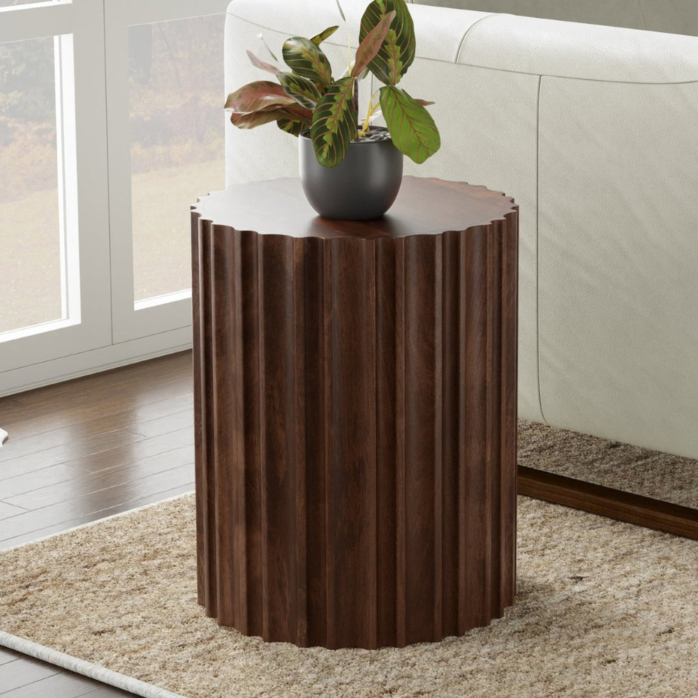 English Elm Rolf Solid Mango Wood Fluted Round Side Table Sculptural Walnut Accent Piece B136P420276