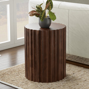 English Elm Rolf Solid Mango Wood Fluted Round Side Table Sculptural Walnut Accent Piece B136P420276