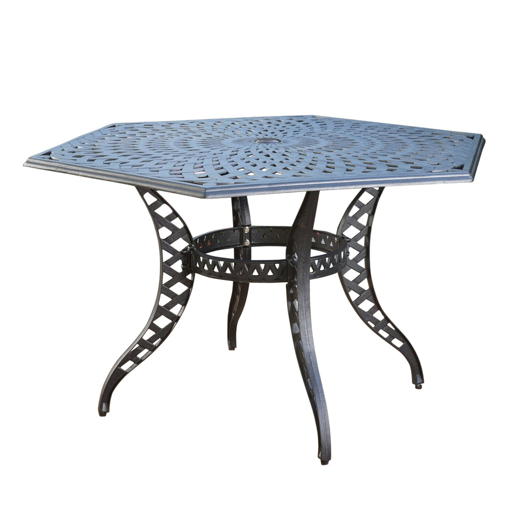 English Elm Christopher Knight Home® - CAYMAN Arch II Mesh Hex Table in Black Aluminum, Antique Finish, Seats 6 with Umbrella Hole for Patio 61145.00