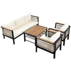 English Elm 4 Pieces Outdoor Sectional Sofa Set with Water-Resistant Cushions, Woven Rope Detail & Acacia Table Beige N719Z000130A