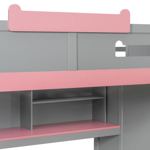 English Elm House-shaped Pine Bunk Bed with Built-in Slide Storage Staircase Twin Over Full Kids Frame Gray N820S00067E