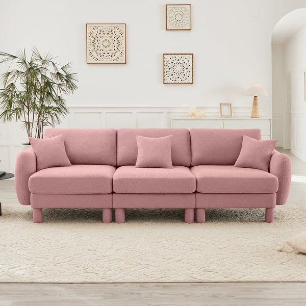 English Elm Boucle 3-Seater Sofa Couch - Elegant Shell-Shaped Armrests, Plush Comfort, Chic Pink Design For Living Spaces W3041S00292