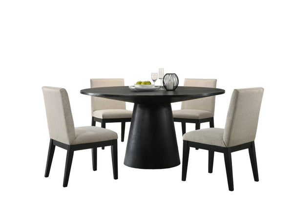 English Elm Jacopo Round Pedestal Dining Set Five Piece Ebony Black with Beige Upholstered Chairs B2749S00286