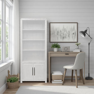 English Elm Haven 78" Bookcase Pier Cabinet — Oak Veneer, Curved Transitional Design with Shelves & Doors (No Assembly) White B108P364418