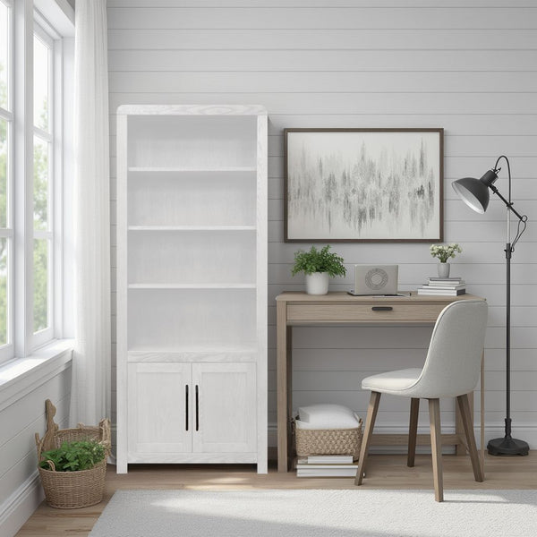 English Elm Haven 78" Bookcase Pier Cabinet — Oak Veneer, Curved Transitional Design with Shelves & Doors (No Assembly) White B108P364418