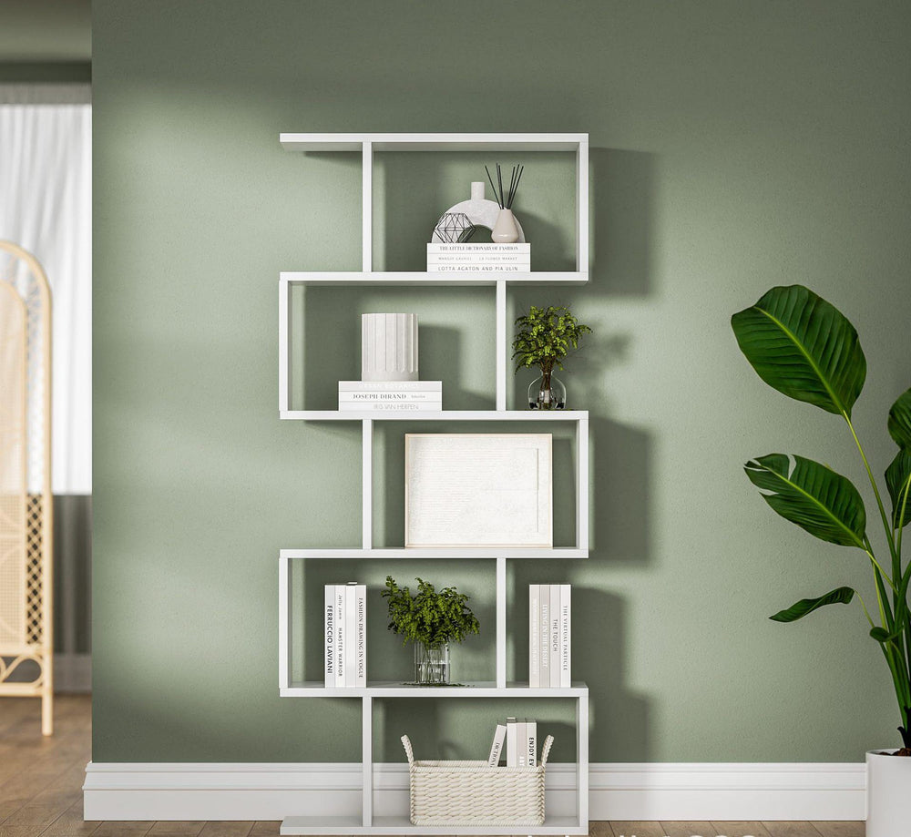 English Elm Five tier minimalist white bookshelf with five shelves for modern storage, durable engineered wood design Cream White W2139P288172