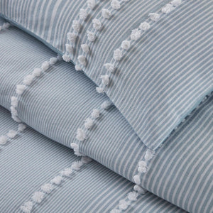 English Elm 3-piece Cotton Yarn Dyed Duvet Cover Set with Jacquard Pompom Stripe Bedding Blue B035P482896