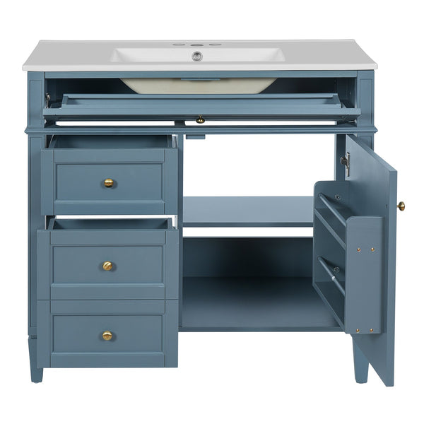 English Elm 36'' Bathroom Vanity With Sink, Modern Indigo Blue Storage Cabinet Featuring 3 Drawers & Adjustable Shelf N710P230246M