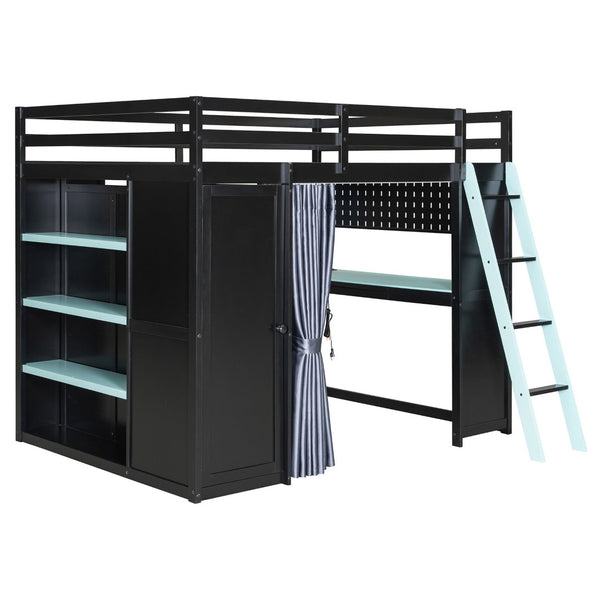 English Elm Full Size Wood Loft Bed with Wardrobe Desk Shelves Rgb Lighting and Blackout Curtains Black+Blue LT000269AAC-1