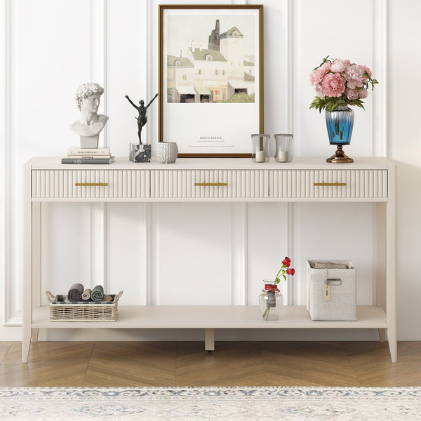 English Elm U_STYLE 60" Painted Console Table with 3 Drawers and Lower Shelf, Sturdy MDF Entryway Organizer Beige N711P190531K