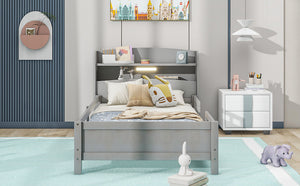 English Elm Wood Twin Platform Bed with LED Headboard Light, Built-In Storage Shelves and Safety Guardrail 93 Antique Gray WF308150AAE