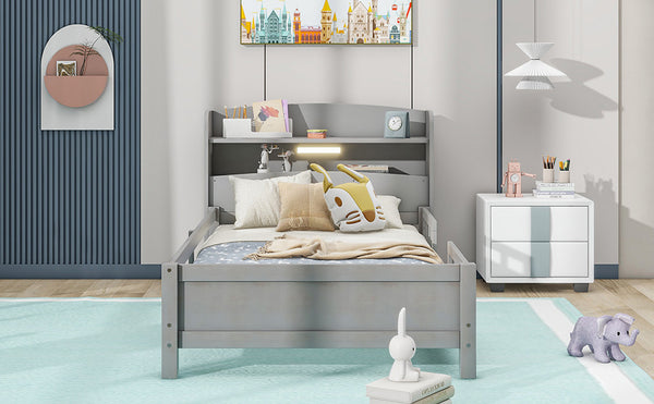 English Elm Wood Twin Platform Bed with LED Headboard Light, Built-In Storage Shelves and Safety Guardrail 93 Antique Gray WF308150AAE