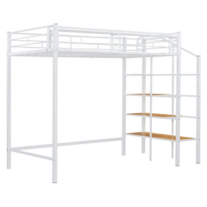English Elm Twin Metal Loft Bed with Upper Grid Storage Shelf and 4-Layer Ladder Shelves for Space Saving White SF100081AAK
