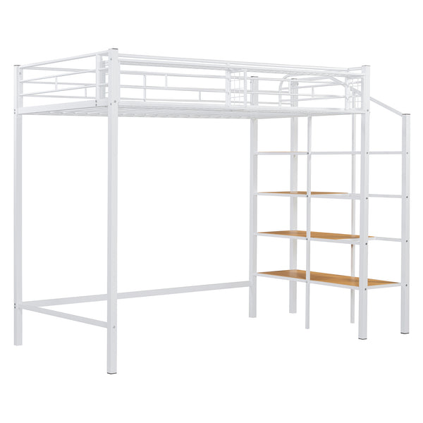 English Elm Twin Metal Loft Bed with Upper Grid Storage Shelf and 4-Layer Ladder Shelves for Space Saving White SF100081AAK