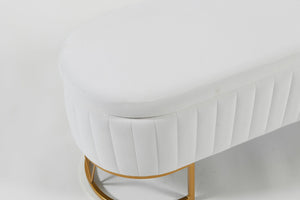 English Elm Oval Velvet Storage Bench with Metal Legs — Luxurious Upholstered Ottoman with Lift-Top Storage, 300lb Capacity, Modern Decorative Seating Ivory T3903P372929
