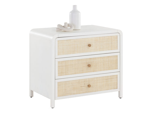 Sunpan Tierra Coastal Nightstand with Rattan Drawers, Antique White Finish & Soft Close Mechanisms