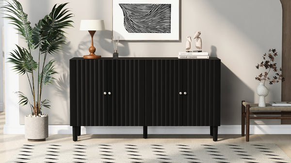 English Elm U_STYLE Four-Door Sideboard with Wavy Panel Doors, Cylindrical Wood Legs, Sleek Metal Handles, 67" länge Black N711P186790B
