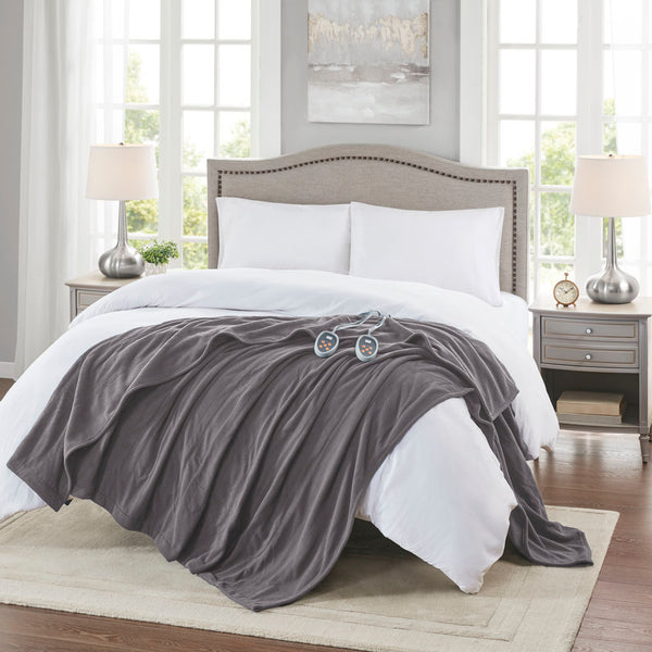JLA Home Beautyrest - Heated Beautyrest Electric Micro Fleece Blanket with Safe EMF Reduction, 20 Heat Settings, 10H Auto-Off Grey BR54-0412
