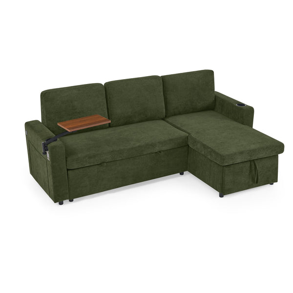 English Elm Modern Chenille Sofa Bed With Retractable Table, Led Lights, Usb Ports & Cup Holders – Green Comfort W1413S00097