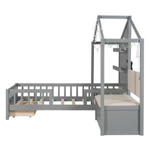 English Elm Twin House Bed Frame with Sofa Seating Led Lighting Drawers and Wireless Charging LP000521AAE-1
