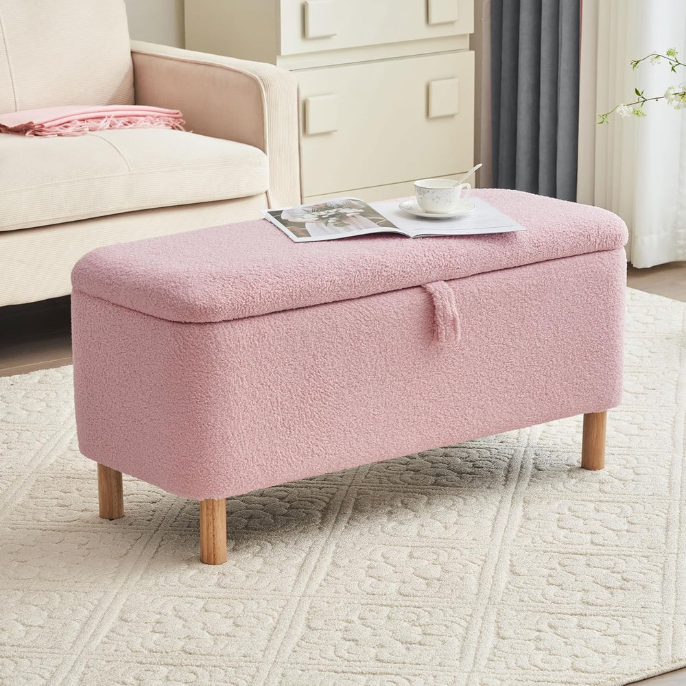 English Elm Basics Boucle Upholstered Storage Ottoman Bench with Wood Legs — Compact Entryway Seat with Hidden Storage, 39.7"L x 16.3"W x 15.3"H Pink W1805137540