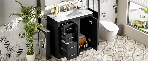 English Elm 36'' Bathroom Vanity with Ceramic Sink Combo, Solid Wood Frame, Soft-Close Drawers and Stylish Retro Groove Design Black N710P291684B