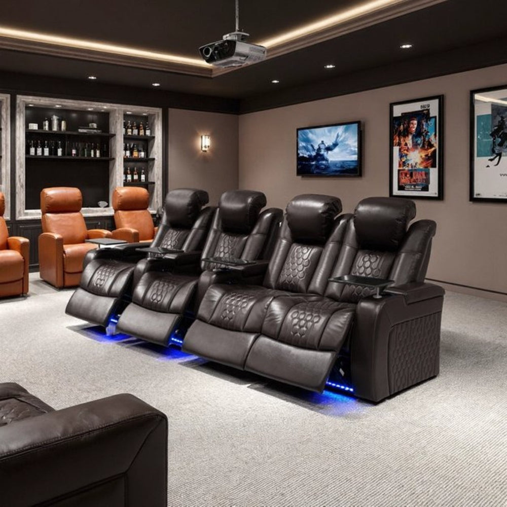 English Elm 124.4"power Reclining Sectional Nappa Leather Home Theater Rgb Led 4 Seat W3819S00105
