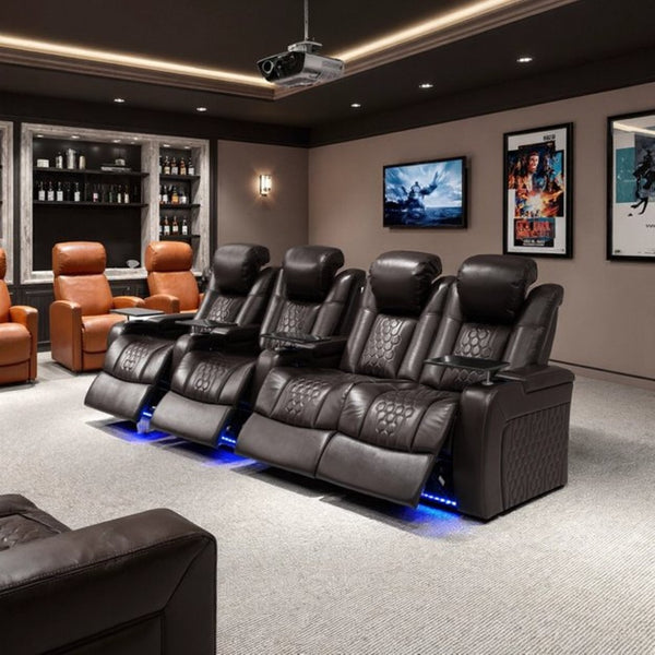 English Elm 124.4"power Reclining Sectional Nappa Leather Home Theater Rgb Led 4 Seat W3819S00105