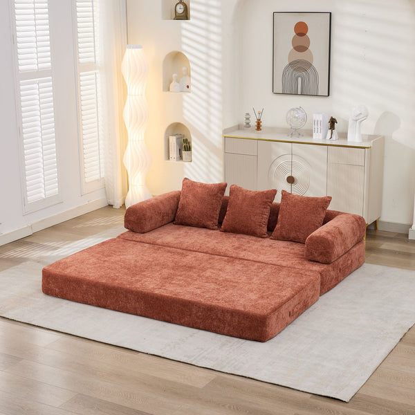 English Elm Comfy Convertible Folding Mattress Couch with Chenille Fabric, Space-Saving Floor Sofa Bed for Small Spaces Orange W1143P364841
