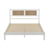 English Elm 3-Pieces Bedroom Sets Queen Size Wooden Platform Bed With Natural Rattan Headboard, Nightstands Set Of 2 With Rattan-Woven Surfaces and Three Drawers For Bedroom, White