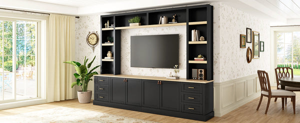 English Elm 102.3"w Farmhouse Wall Unit Four Piece Entertainment Center with Storage for Living Room N721S000051B-2