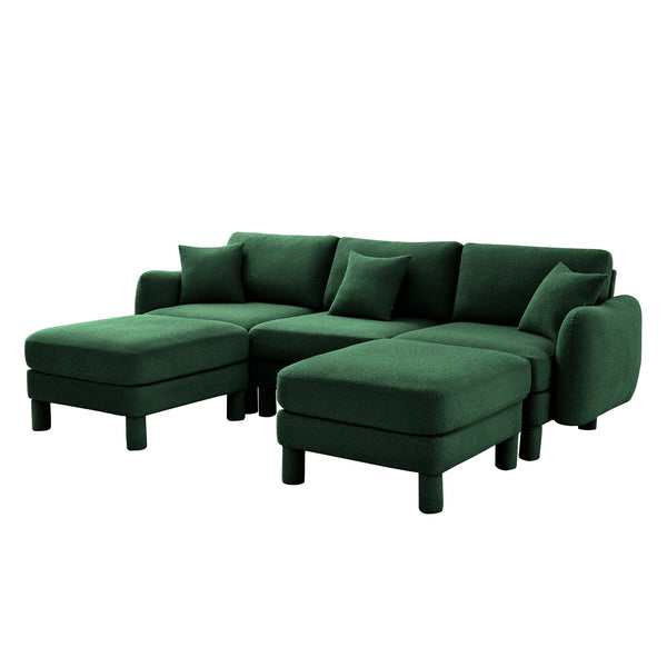 English Elm Boucle U-Shape Sectional Sofa With Shell Armrests & 2 Movable Ottomans For Modern Spaces, Green W3041S00310