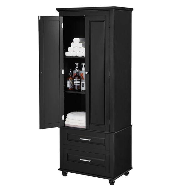 English Elm Tall Slim Storage Cabinet with Adjustable Shelves, 2 Drawers & Doors, Anti-Tip Design for Bathroom Black WF299284AAB