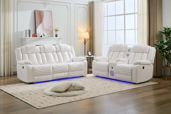 English Elm Ms Two Piece Manual Reclining Sofa Set Faux Leather Led Ambient Living Room White W1805S00178