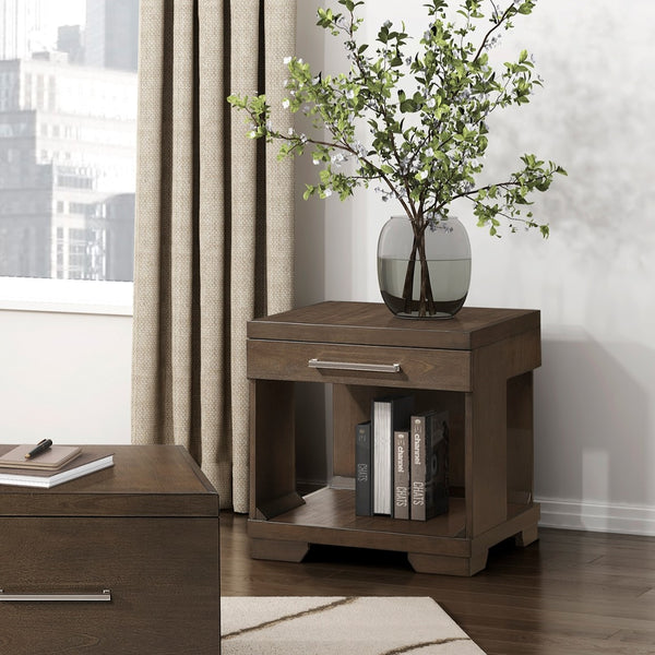 English Elm Modern Mango Veneer End Table with Dovetail Drawer and Open Shelf, Nickel Pull, Contemporary Storage Design Espresso 25.5 L x 27.5 W x 27.5 H B011P387100