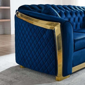 English Elm Luxury Velvet Tufted Chesterfield Loveseat with Gold Steel Trim for Living Room Navy Blue W1191S00117