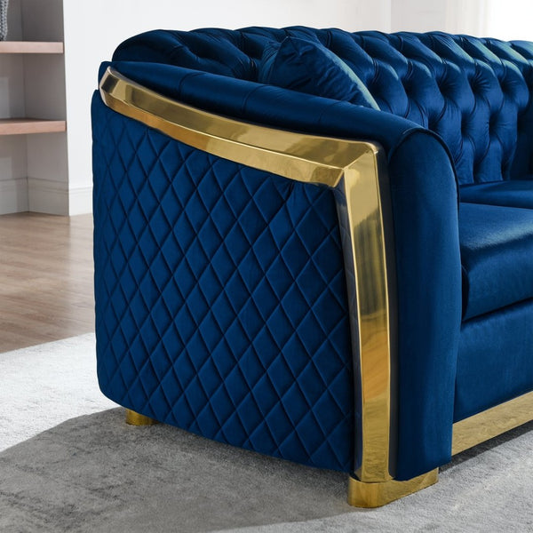 English Elm Luxury Velvet Tufted Chesterfield Loveseat with Gold Steel Trim for Living Room Navy Blue W1191S00117