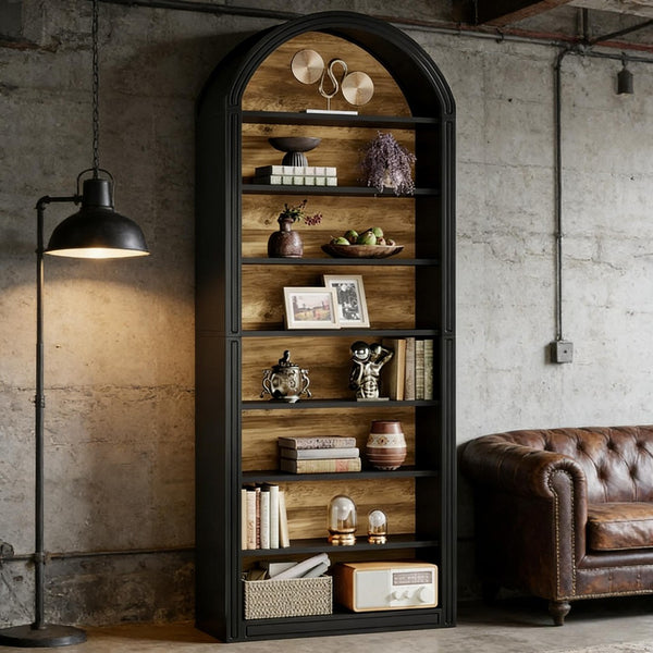 English Elm Display Cabinet Wall Mounted 5 Tier Glass Door Shelving for Collectibles Matte Black Black T3971P449678