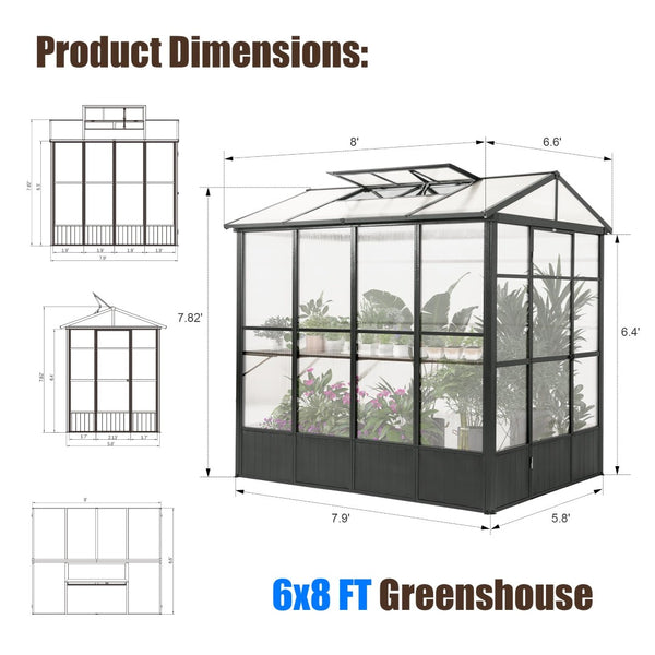English Elm 6.5x8ft Outdoor Aluminum Polycarbonate Greenhouse Auto Vent Backyard Garden Walk-in W1859P346464