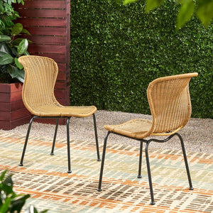 English Elm Boho Faux Rattan Outdoor Dining Chairs Wicker Weave Scroll Back Patio Set of 2 66899.00LBRN