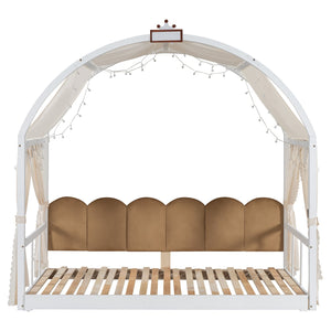 English Elm Twin Pinewood Ground-Level Canopy Bed with Arched Roof and Trundle for Kids—Whimsical, Sturdy Design White N820P181648K