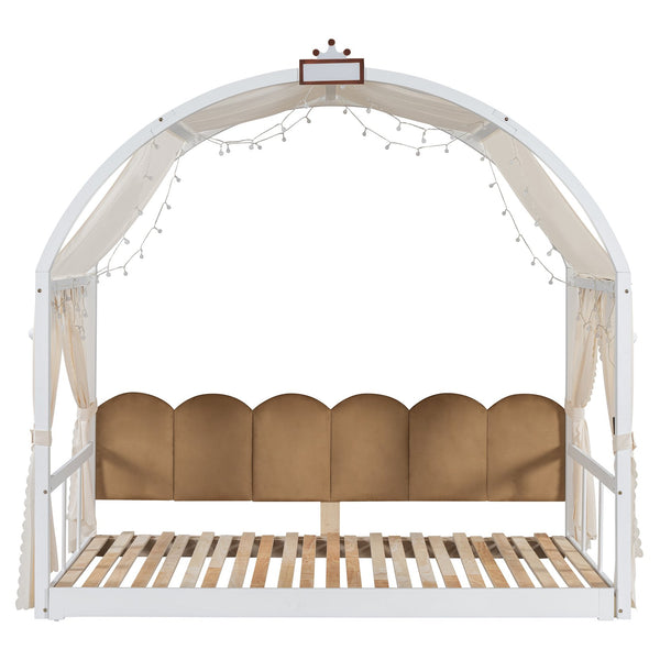 English Elm Twin Pinewood Ground-Level Canopy Bed with Arched Roof and Trundle for Kids—Whimsical, Sturdy Design White N820P181648K