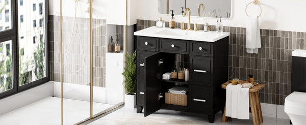 English Elm 36" Matte Black Shaker Vanity with Resin Sink Solid Wood 3 Drawer Soft Close SV000003AAB